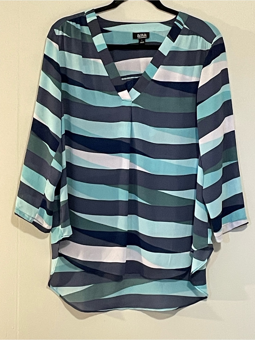 a.n.a Teal, Navy & White Striped V-Neck Blouse